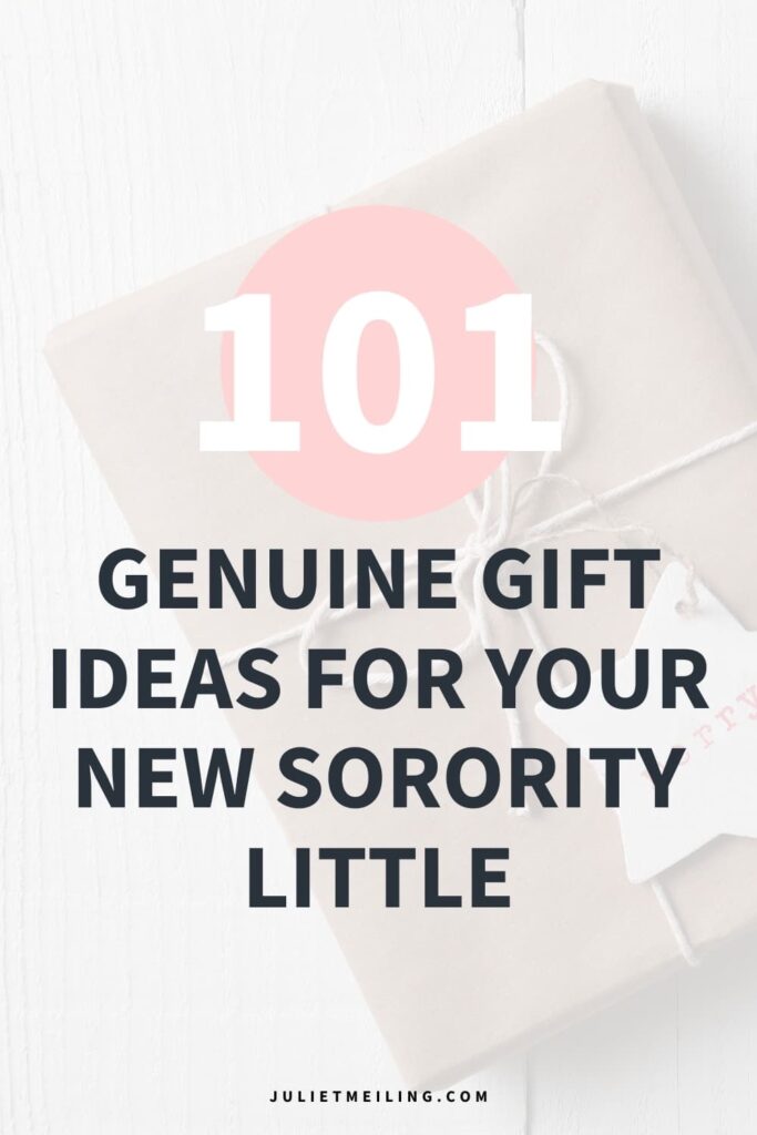 A gift wrapped in brown paper and tied with a string. The text overlay says, "101 genuine gift ideas for your new sorority little."