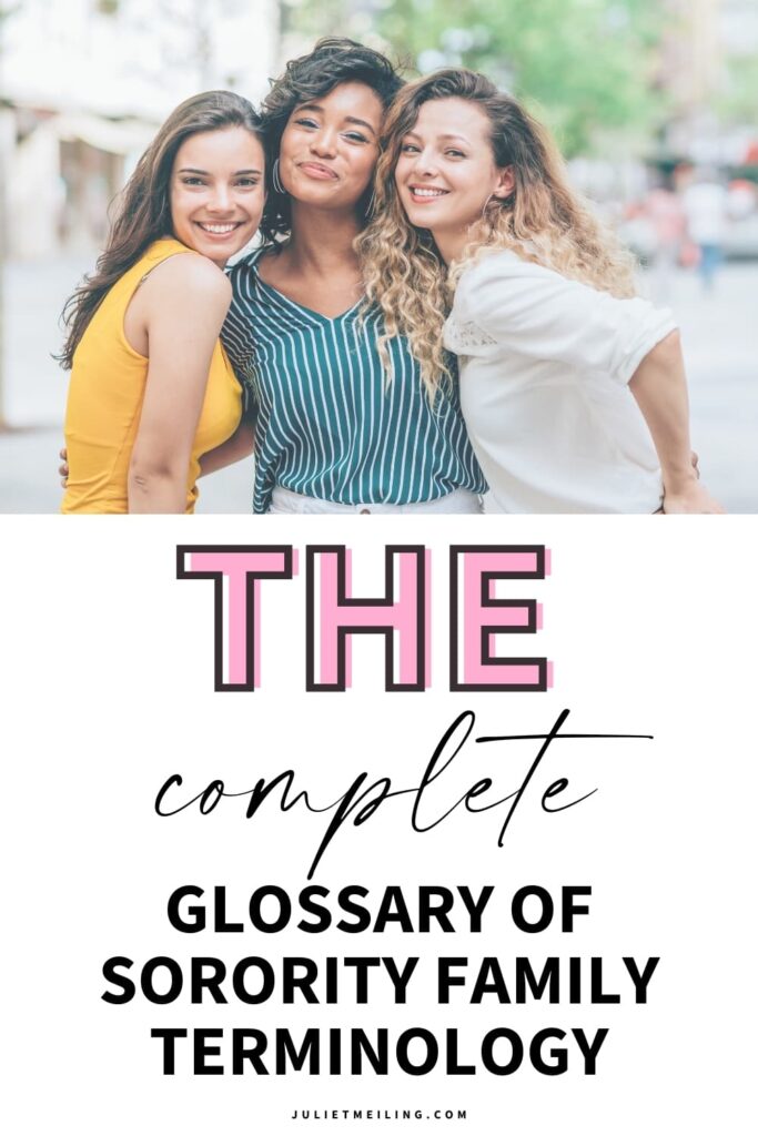 On the top part of the image, there are three girls posing together in business casual clothes. Underneath this photo is text that reads, "The Complete Glossary of Sorority Family Terminology."