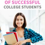 A girl in a blue plaid shirt standing in the hallway of a college. The text overlay says, "17 habits of successful college students."