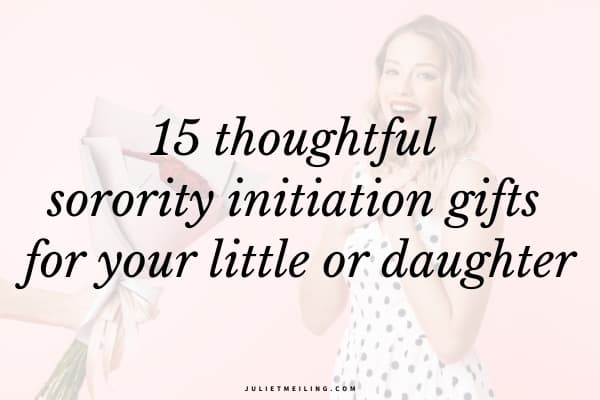 A girl in a polka dot dress being handed a bundle of roses. The text overlay for this image says, "15 thoughtful sorority initiation gift ideas for your little or daughter."