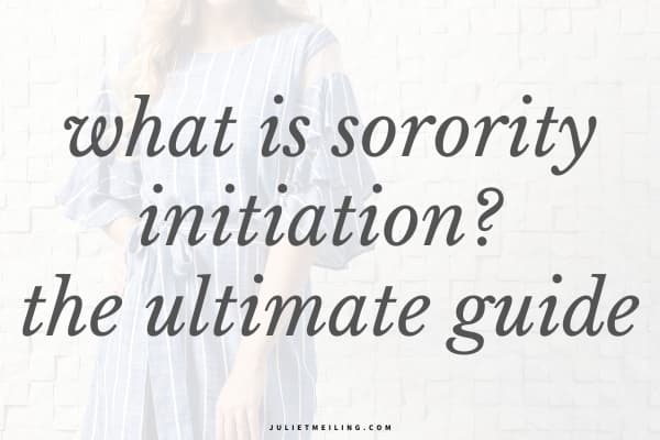 A girl in a blue stripe dress in front of a white brick wall. The text overlay reads, "what is sorority initiation? The ultimate guide."