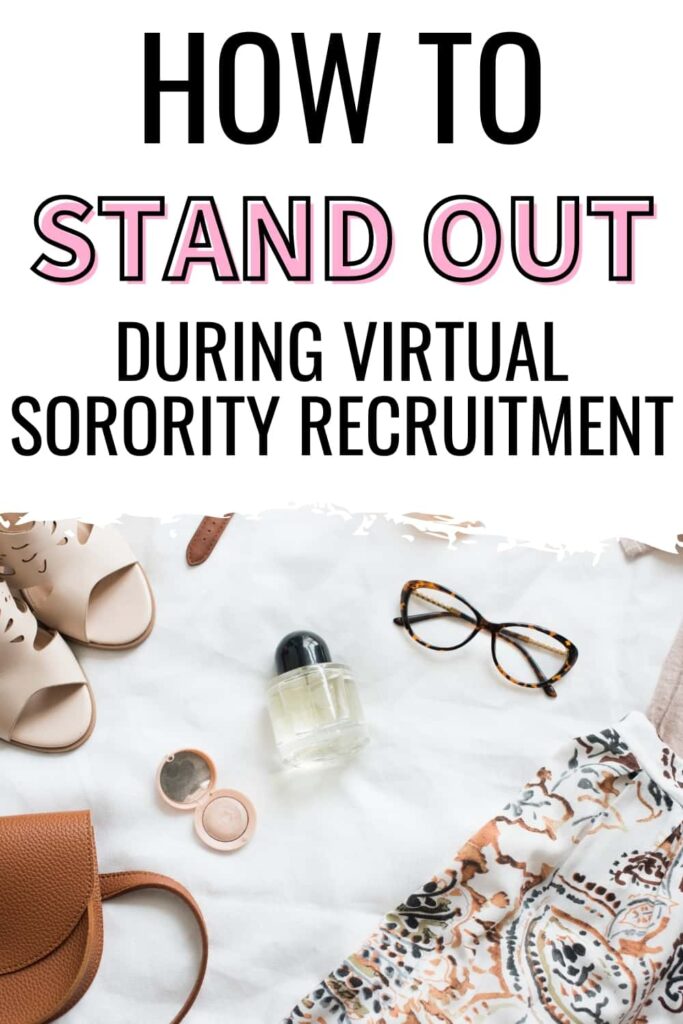 A flat lay of womens fashion items. The text overlay says, "how to stand out during virtual sorority recruitment"