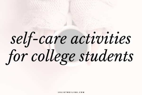 A woman in a pink sweater holding a cup of coffee as a way of practicing self-care. The text overlay says, "self-care activities for college students."