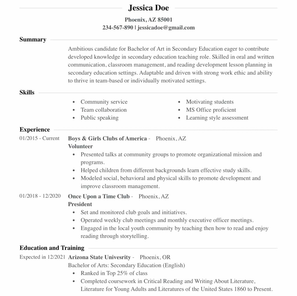 College student resume example with no prior work experience of a fake individual named "Jessica Doe"